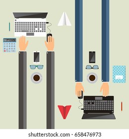 Business people working by using a laptop computer. Team concept. Long hands typing on a keyboard. Top view. Vector illustration.