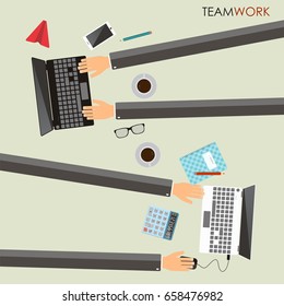 Business people working by using a laptop computer. Team concept. Long hands typing on a keyboard. Top view. Vector illustration.