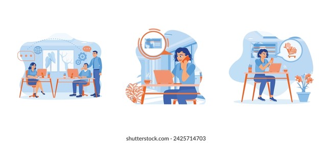 Business people working in a call center. Calling customer service at office. Woman Excited for Online Shopping. Woman with phone calling 