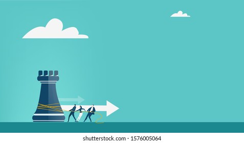 Business people working with chess figures. Improving Business strategy for success.  Achieving goals, working together, playing chess game. Horse and castle moves. 