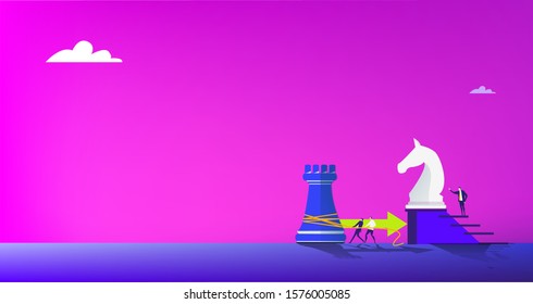 Business people working with chess figures. Improving Business strategy for success.  Achieving goals, working together, playing chess game. Horse and castle moves. 