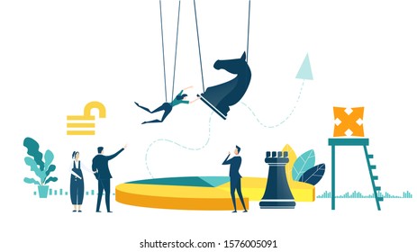 Business people working with chess figures. Improving Business strategy for success.  Achieving goals, working together, playing chess game. Horse and castle moves. 