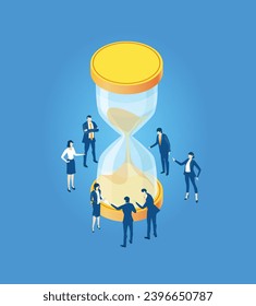 Business people working and collaborating around sand glass, isometric business environment. Business, start up, achievement and competitive professional life concept