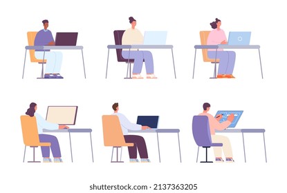 Business people working with computer and laptop. Cartoon office characters, woman and man sitting at desk. Workers vector set