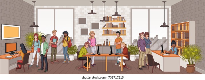 Business people working with computer. Office workspace with desks. 
