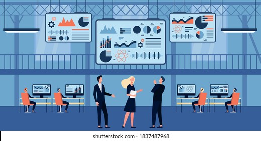 Business People Working In Control Center With Big Screens Flat Vector Illustration. Cartoon Engineers Checking Security In Datacenter. Computer Technology And Cybersecurity Department Concept