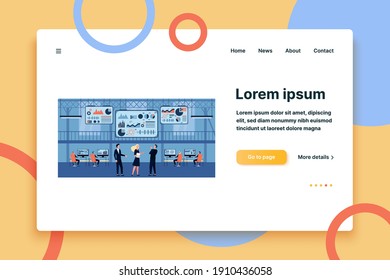 Business people working in control center with big screens flat vector illustration. Cartoon engineers checking security in datacenter. Computer technology and cybersecurity department concept
