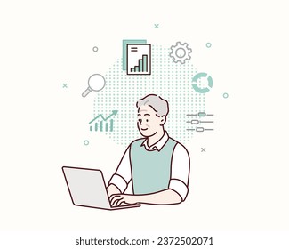 Business people working for data analytics graph report dashboard and monitoring for business marketing planning and finance investment concept. Hand drawn style vector design illustrations.