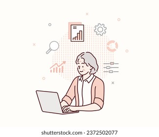 Las personas de negocios que trabajan para el análisis de datos informan de un tablero y un monitoreo para la planificación del marketing empresarial y el concepto de inversión financiera. Ilustraciones de diseño vectorial de estilo dibujado a mano.