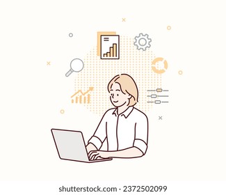 Business people working for data analytics graph report dashboard and monitoring for business marketing planning and finance investment concept. Hand drawn style vector design illustrations.