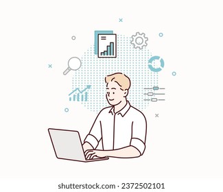 Business people working for data analytics graph report dashboard and monitoring for business marketing planning and finance investment concept. Hand drawn style vector design illustrations.