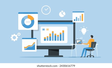 personas de negocios trabajando. análisis de datos. informe web gráfico panel monitor. finanzas de negocios planificación de inversiones. vector plano ilustración diseño concepto