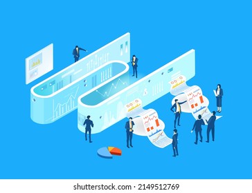 Business people working in data centre, receiving and analysing information, making decisions. Big data concept. Isometric 3D illustration.