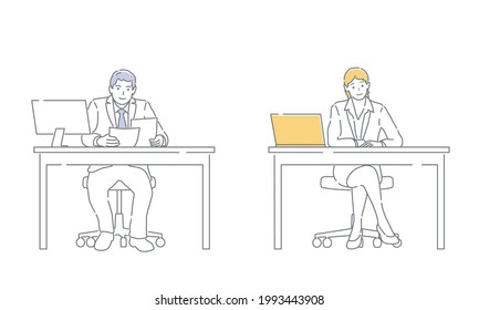 Business People Working At The Desks With Computers. Easy To Use Simple, Flat Vector Illustration Set Isolated On A White Background.