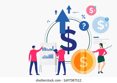 Business people working and discussing financial diagram. Planning, management, analysis concept. Vector illustration can be used for topics like business, finance, banking