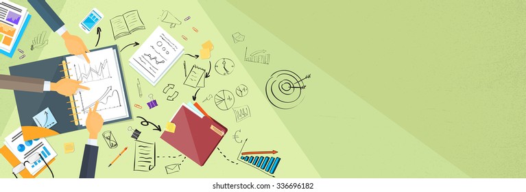 Business People Working Finance Graph Sketch Desk Top View Web Banner Flat Vector Illustration