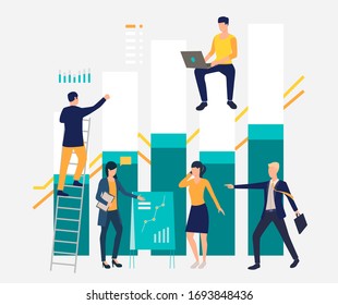 Business people working with financial bar chart and giving presentation. Analytics, management, banking concept. Vector illustration can be used for topics like business, finance, analysis