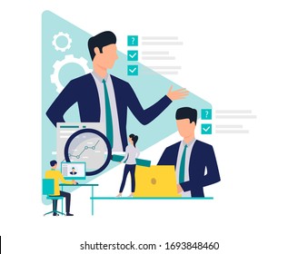 Business people working and giving tasks. Boss, manager, modern technology, office, sample text. Business concept. Vector illustration for poster, presentation, new project