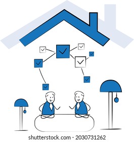 Business people working at home office. Hand drawn boy Sitting at Desk in Room, Looking at Computer Screen and Talking Online.isolated vector illustration doodle.Check list item and document paper