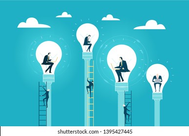 Business people working inside of light bulbs as symbol of generating the great ideas and and fresh startup. Business concept illustration 