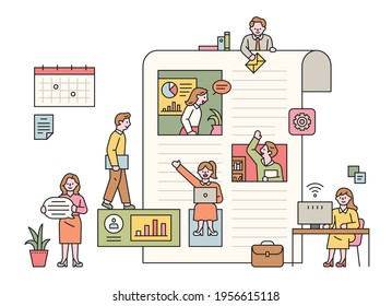 Business people working inside and outside a large paper layout. flat design style minimal vector illustration.