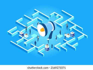 Business people working in labyrinth, work as team, find solution, make progress. business concept Isometric illustration