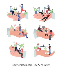 Business people working with laptop computers on human palms set. Safety, support and protection cartoon vector illustration