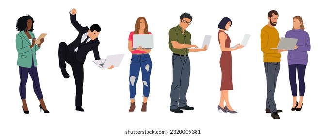 Geschäftsleute, die bei Laptops arbeiten. Verschiedene Männer und Frauen tragen intelligente, lockere, formale Bürooutfits stehen und sehen sich Computer an. Vektorrealistische Illustration einzeln auf weißem Hintergrund