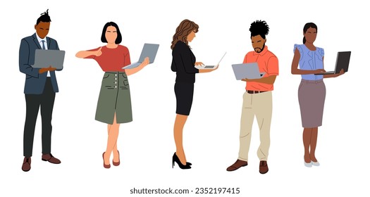 Business people working at laptop. Different men and women wearing smart casual, formal office outfits standing with computer. Vector realistic illustration isolated on white background
