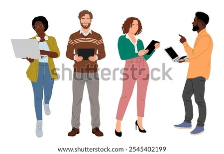 Business people working at laptop. Different men, women wearing smart casual office outfits standing with computer. Vector realistic illustration isolated on white background.