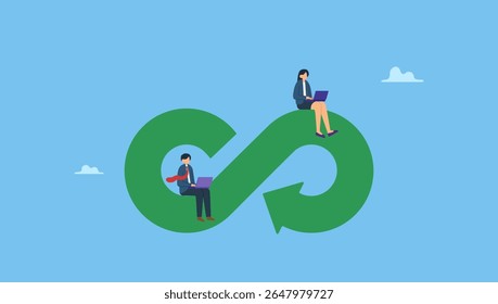 Business people working with laptop on circular economy cycle symbols. Sustainability, ecology with reusable resource, energy or eco friendly product, recycle material or environment protection.