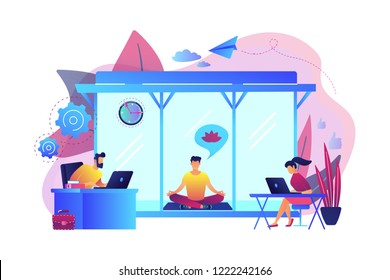 Business people working at laptops in office with meditation and relax area. Office meditation room, meditation pod, office relaxing place concept. Bright vibrant violet vector isolated illustration
