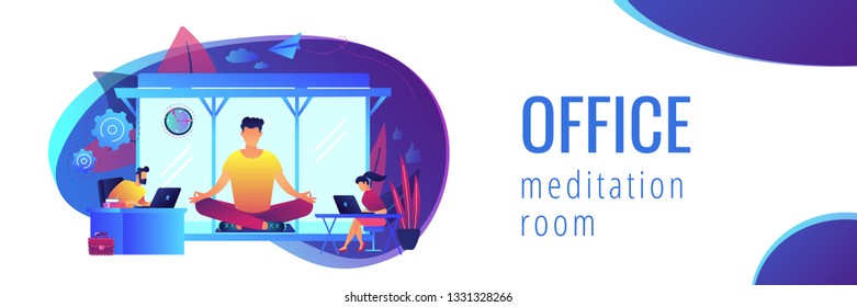 Business people working at laptops in office with meditation and relax area. Office meditation room, meditation pod, office relaxing place concept. Header or footer banner template with copy space.