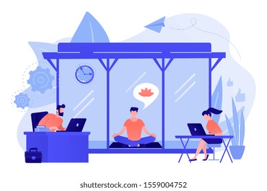 Business people working at laptops in office with meditation and relax area. Office meditation room, meditation pod, office relaxing place concept. Pinkish coral bluevector isolated illustration