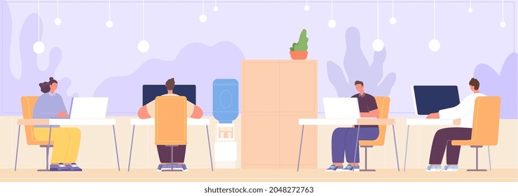 Business people working. Manager daily life, person sit at desk with computers. Job project process, teamwork corporate morning utter vector scene