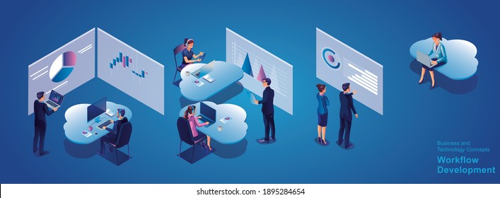 Business people working and meeting optimization and business process workflow development communication with the network Online devices data in a database on cloud services Isometric concept vector