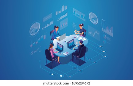 Business people working and meeting optimization and business process workflow development communication with the network Online devices data in a database on cloud services Isometric concept vector