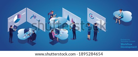 Business people working and meeting optimization and business process workflow development communication with the network Online devices data in a database on cloud services Isometric concept vector