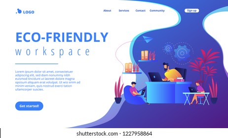 Business people working in modern eco-friendly office with plants and flowers. Biophilic design room, eco-friendly workspace, green office concept. Website vibrant violet landing web page template.