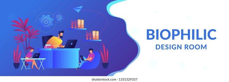 Business people working in modern eco-friendly office with plants and flowers. Biophilic design room, eco-friendly workspace, green office concept. Header or footer banner template with copy space.