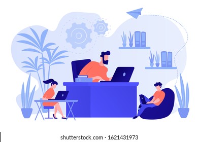 Business people working in modern eco-friendly office with plants and flowers. Biophilic design room, eco-friendly workspace, green office concept. Pinkish coral bluevector isolated illustration