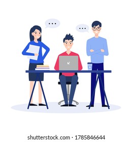 Business people working. Network and teamwork. People talking and working together on laptop in office. Flat design characters. Vector illustration.