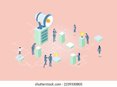 Business people are working next to big megaphone, control, connection, support idea. Isometric concept business environment  