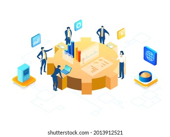 Business people working next to gear, helping each other to solve the problems, supporting and working together. Isometric iconographic of business working space with people, business concept