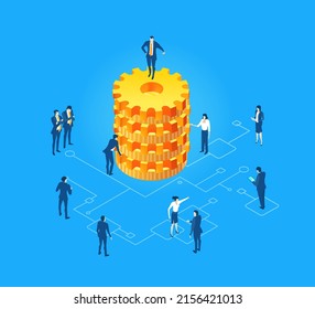 Business people working next to golden gear. Negotiating a deal, making strategic decisions, working together, help and support.  Isometric working environment, infographic illustration.