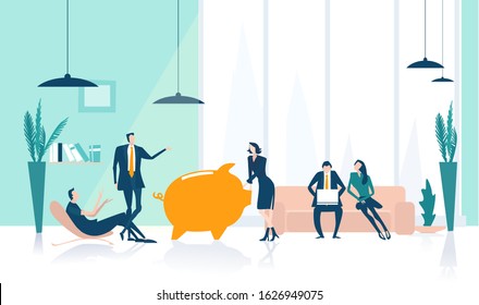 Business people working in office around money pig. Lots of creative young people having a meeting, discussion in office, generating new ideas to improve business. Co-working workspace