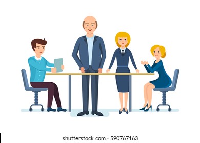 Business people working office. Colleagues, led by company's manager and his deputy, are discussing at a table in the meeting room, working, technical, technological, human and financial questions.