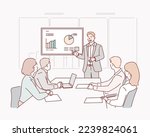 Business people are working in office. Handsome young businessman is making presentation for his colleagues, pointing to the board. Hand drawn style vector design illustration.