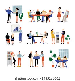 Business People Working in Office Set, Colleagues Working Together, Giving Presentation, Discussing, Communication Between Coworkers, Friendly Environment Vector Illustration