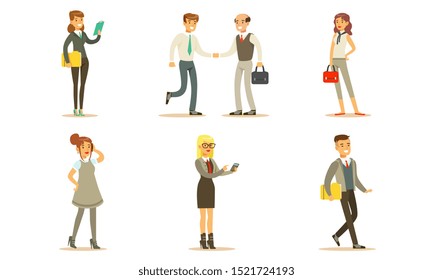 Business People Working in Office Set, Male and Female Managers or Employees Characters Metting, Talking on Phone, Going to Work Vector Illustration